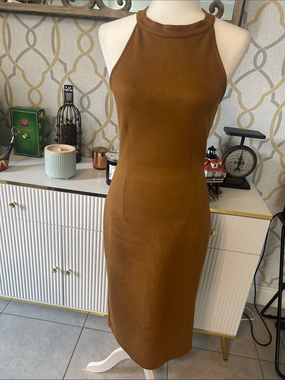 Sleeveless Brown Halter Sheath Dress